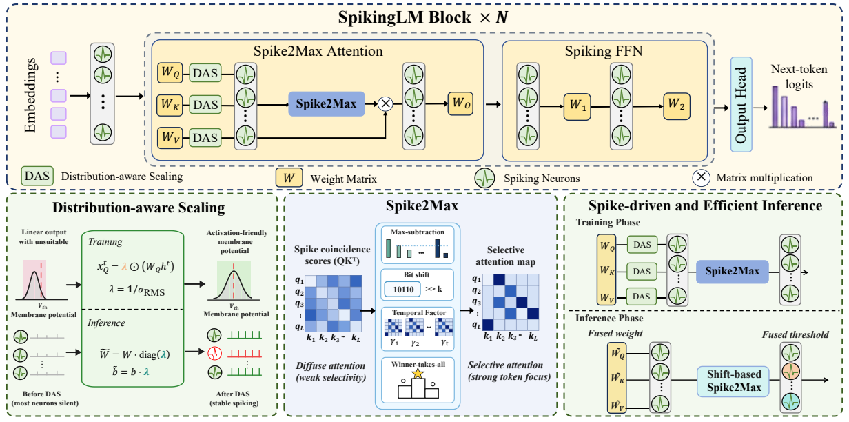 SpikingLM architecture with Distribution-aware Scaling and Spike2Max attention